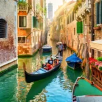 Narrow canal with Gondola in Venice
